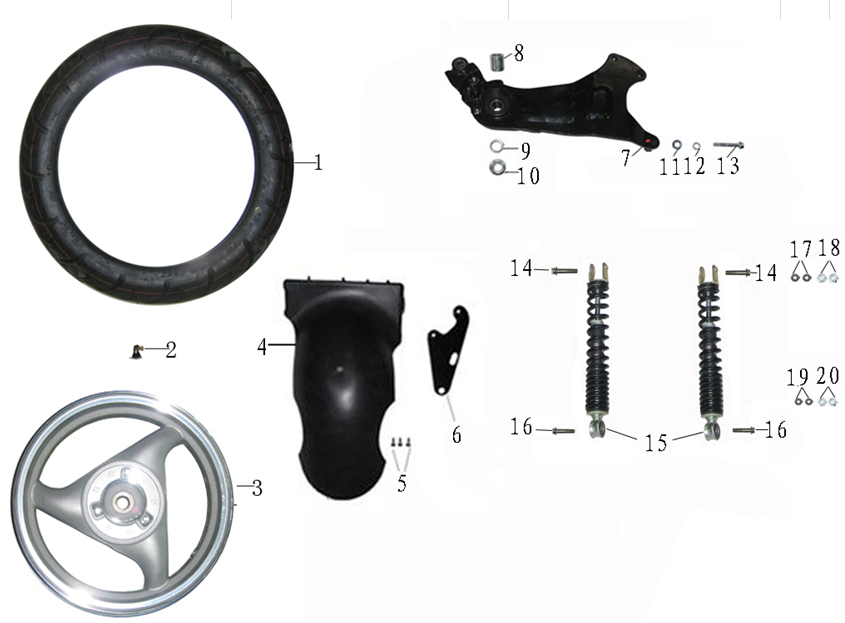 REAR SHOCK ABSORBER/REAR WHEEL ASSEMBLY